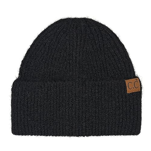 C.C Fuzzy Beanie for Women Unisex - Acrylic Stretchable Soft Warm Knit Winter Skully Hat - color: Recycled Yarn-black