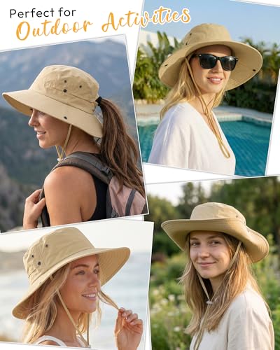 Women Sun Hat with Ponytail Hole Wide Brim Bucket Sun Protection for Summer - color: Khaki