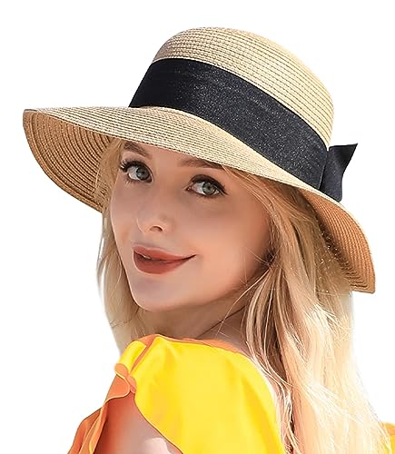 Beach Sun Straw Hats for Women, UPF 50+ UV Sun Protection Summer Straw Hat - color: A-khaki