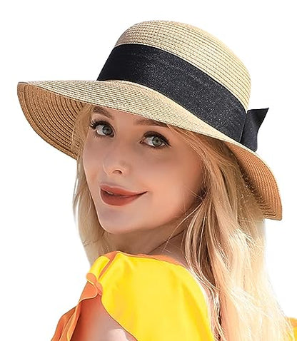 Beach Sun Straw Hats for Women, UPF 50+ UV Sun Protection Summer Straw Hat - color: A-khaki
