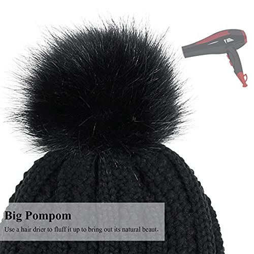 Muryobao Womens Satin Lined Beanie Hat with Faux Fur Pom Cuffed Winter Warm Knit Skull Cap - color: Black