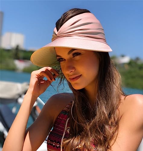 Sun Hat Women Beach Visor Cap UV Protection with Wide Brim Packable Summer Sport Ponytail Sun Cap - color: Pink