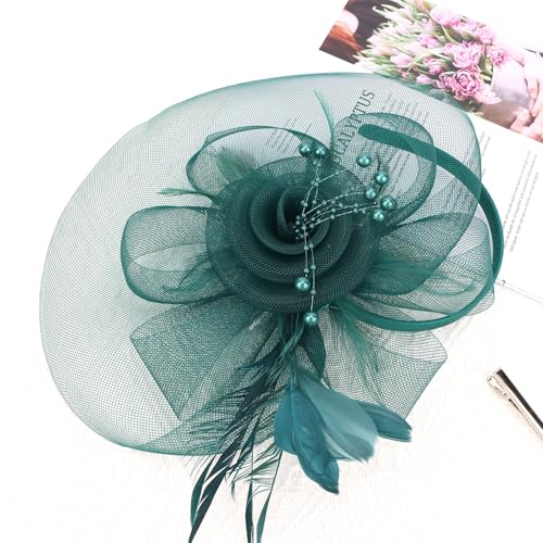 Womens Fascinators Mesh Hats Tea Party Hats for Women Feather Veil Headband - color: Green