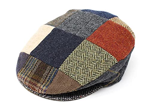 Hanna Hats Traditional Irish Tweed Wool Vintage Cap. Unisex Cabbie Hat. Stud Fastener & Taffeta Lining. 100% Made in Ireland. - color: Multicolored Patchwork, size: X-Large