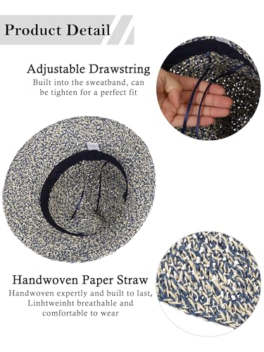 Womens Sun Hat Handmade Crochet Straw Bucket for Summer Foldable Travel Cap - color: Beige & Blue