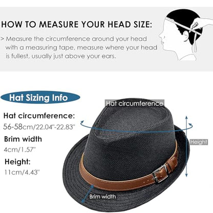 Straw Fedora Hat for Men Panama Hat Short Brim Summer Sun Hat - color: A-black