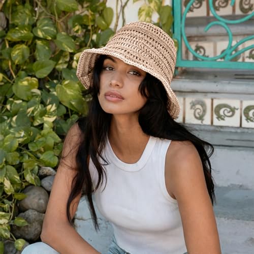 Women's Beach Bucket Hat Fisherman Cap Hollow Mesh Lightweight Breathable Sun Hat for Summer - color: Single Layer Khaki