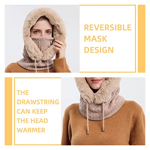 Womens Winter Hats, Warm Hooded Scarf Hat for Women, Fleece Beanie Hat with Drawstring, Balaclava Knit Skull Cap - color: Beige