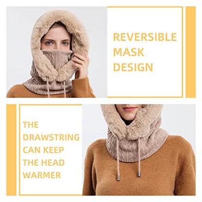 Womens Winter Hats, Warm Hooded Scarf Hat for Women, Fleece Beanie Hat with Drawstring, Balaclava Knit Skull Cap - color: Beige