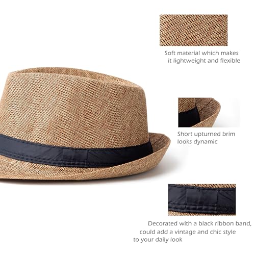 Classic Short Brim Fedora Summer Beach Trilby Hat - color: Black Band-khaki
