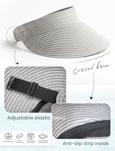 CHUNG Women Visor Sun Hat Paper Straw Wide Brim Adjutable Ponytail Packable Beach Holiday Summer Travel - color: V-light Grey