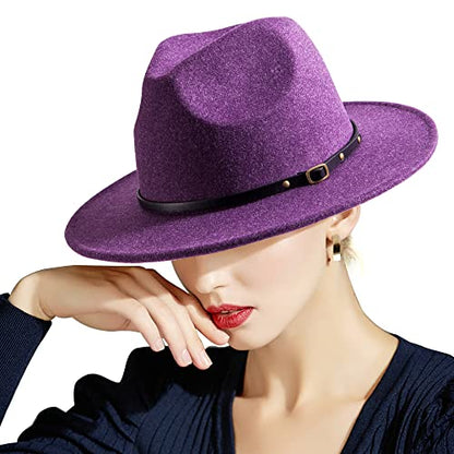 Felt Wide Brim Fedora Hats for Women Men, with Band Belt Buckle, Adjustable - color: P12 Mix Purple