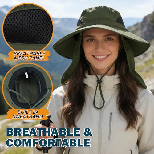Wide Brim Sun Bucket Hat, Waterproof Boonie Hat for Men & Women - color: 07 Army Green (Full Coverage)