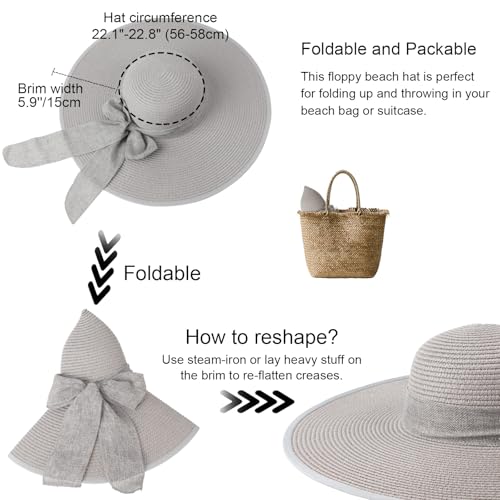 DRESHOW Beach Hats for Women Big Straw Wide Brim Summer Hat Floppy Foldable Roll up Cap Sun Hat UPF 50+ - color: Gery /Normal Edge