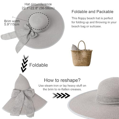 DRESHOW Beach Hats for Women Big Straw Wide Brim Summer Hat Floppy Foldable Roll up Cap Sun Hat UPF 50+ - color: Gery /Normal Edge
