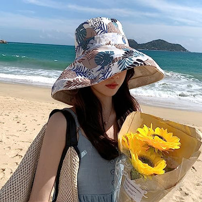 HUAMULAN Women Summer Vacation Wide Brim Sun Hat Reversible Fishing Hats - color: Beige