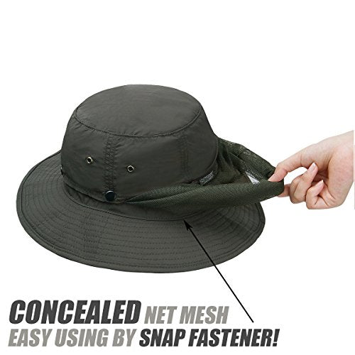 USHAKE Head Net Hat, Safari Hat Sun Hat Bucket Hat with Hidden Net Mesh - color: Green