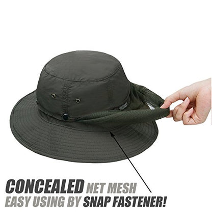 USHAKE Head Net Hat, Safari Hat Sun Hat Bucket Hat with Hidden Net Mesh - color: Green