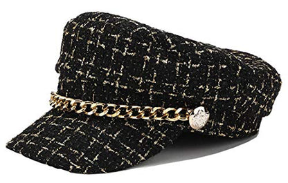 Women Plaid-Tweed Newsboy-Baker-Boy Hat Captain-Sailor Fisherman Hat Peaked-Beret with Chain - color: Black
