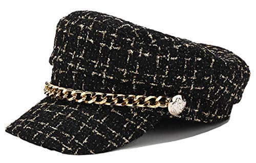 Women Plaid-Tweed Newsboy-Baker-Boy Hat Captain-Sailor Fisherman Hat Peaked-Beret with Chain - color: Black