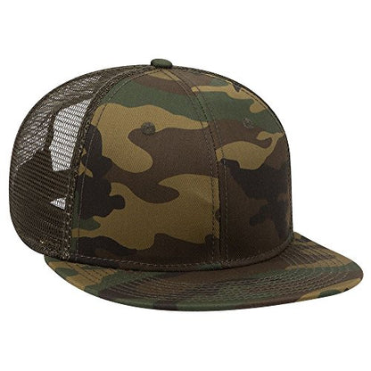 OTTO Camouflage Round Flat Visor SNAP 6 Panel Mesh Back Trucker Snapback - color: Dk.grn/Brn/Dk.ol.grn