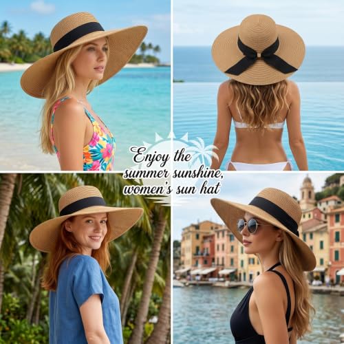 Women's Straw Sun Hat UPF80 UV Protection Foldable Wide Brim Summer Hat Sweatband Adjustable Floppy Beach Hats for Women - color: Khaki-foldable