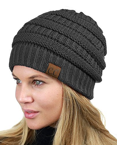 C.C Unisex Chunky Soft Stretch Cable Knit Warm Fuzzy Lined Skully Beanie - color: Dark Melange Gray