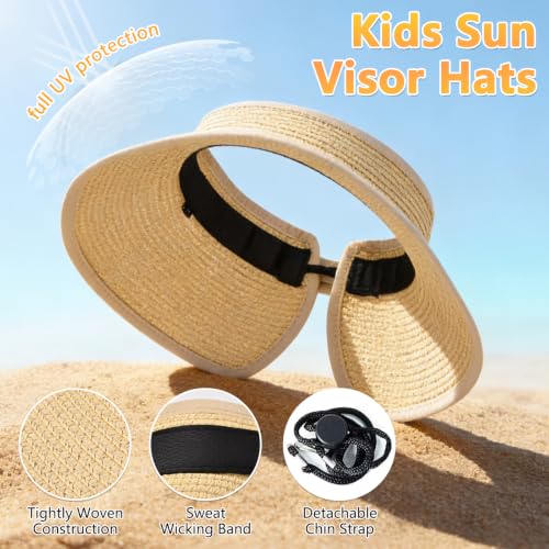 ZOORON Girls Straw Sun Visor Hat, Wide Brim Ponytail Beach Hat with Bow - color: Beige
