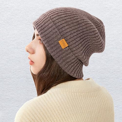 100% Merino Wool Cuff Beanie Hat, Unisex Warm Winter Caps Soft, Breathable & Cozy Stretchy Knitted Cuffed Cap - color: Light Coffee