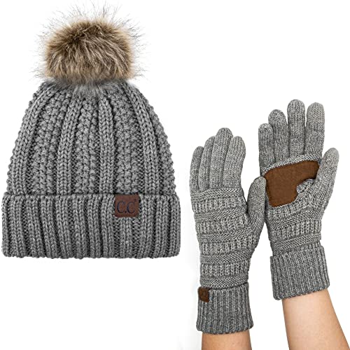 C.C Pom Cable Knit Beanie and Glove Set - color: Lt Melange Gray