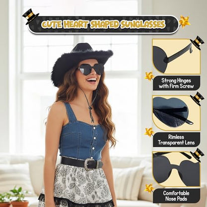4E's Novelty Cowboy Hat with feathers With Heart Shaped Sunglasses for Women, Felt Cowgirl Hat for Party Costume Dress Up - color: Black