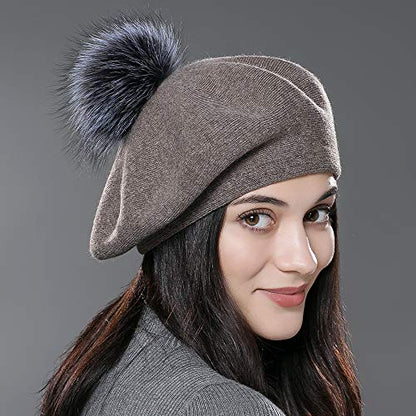 Womens Winter Beret Hat Knitted Beanie Cap Autumn Winter Hat French Classic Beret - color: Camel With Silver Fox Fur Pompom