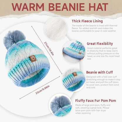 Womens Winter Beanie Hat Scarf Set,Thermal Fleece Lined Women Beanie with Pom Warm Knitted Neck Scarf Cold Weather