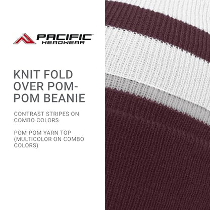 Pacific Headwear Unisex Adult Pacific Headwear Knit Fold Over Pom-pom Beanie - color: Maroon/White/Silver, size: One Size