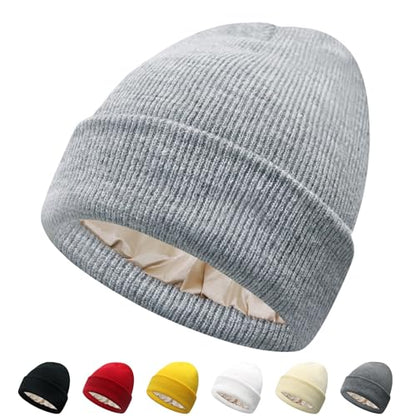 PFFY Satin Lined Beanie for Women Winter Hats Warm Reduce Frizz - color: Lightgrey