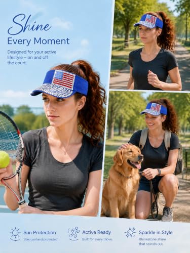 Women Shiny Rhinestone Bling Sun Visor Adjustable Tennis Beach Ponytail Hat - color: Blue-usaflag