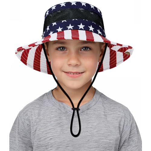 Century Star Outdoor Kids Sun Hat UPF 50+ Quick Dry Adjustable Bucket Hat Windproof Waterproof Beach Fishing Safari Hat - color: American Flag