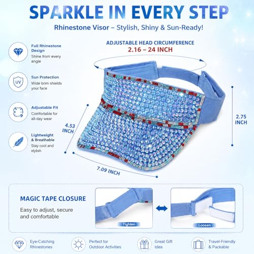 Shiny Women's Bling Rhinestone Visor Sun Protection for Tennis Golf Beach - color: Lightblueabcolorf
