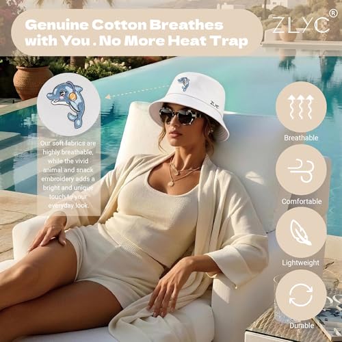 ZLYC Cotton Bucket Hat for Women Men Embroidered Packable Summer Sun Cap - color: Dolphin White