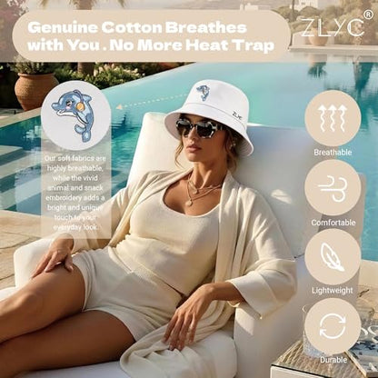 ZLYC Cotton Bucket Hat for Women Men Embroidered Packable Summer Sun Cap - color: Dolphin White