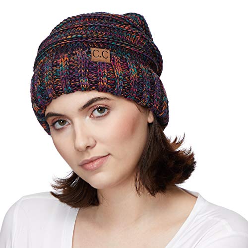 C.C Hat-100 Oversized Baggy Slouch Thick Warm Cap Hat Skully Cable Knit Beanie - color: Black Multi