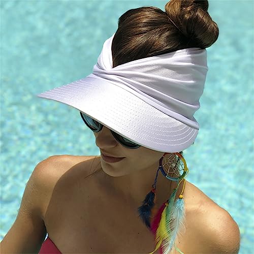 Sun Hat Women Beach Visor Cap UV Protection with Wide Brim Packable Summer Sport Ponytail Sun Cap - color: White