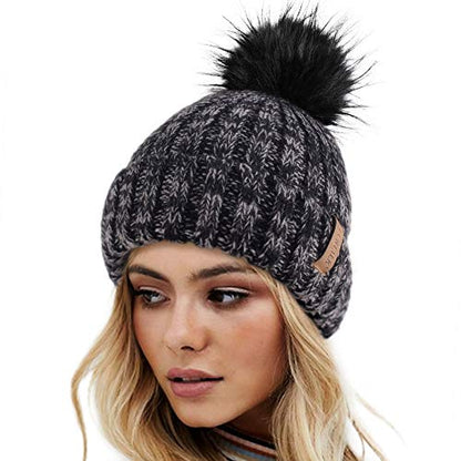 FURTALK Womens Winter Knitted Beanie Hat with Faux Fur Pom Warm Knit Skull Cap Beanie for Women - color: Mixed Black With Black Pom