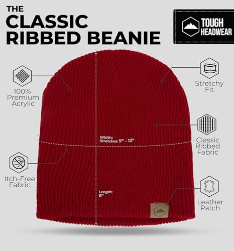 Tough Headwear Ribbed Beanie Hat - Stretch Fit Beanie for Women - Knit Winter Hats for Men - Breathable Knit Caps - color: Maroon