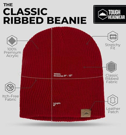 Tough Headwear Ribbed Beanie Hat - Stretch Fit Beanie for Women - Knit Winter Hats for Men - Breathable Knit Caps - color: Maroon