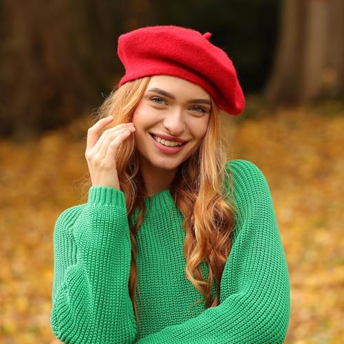 Lanzom Wool Blend Women Beret Hat French Beret Cap Winter Fashion Solid Color Hat for Women Girls Lady - color: Red