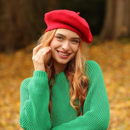 Lanzom Wool Blend Women Beret Hat French Beret Cap Winter Fashion Solid Color Hat for Women Girls Lady - color: Red