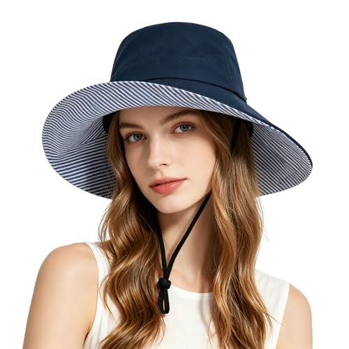 Womens Wide Brim Sun Hat UPF 50+ Foldable Bucket for Beach Travel - color: Navy Blue1