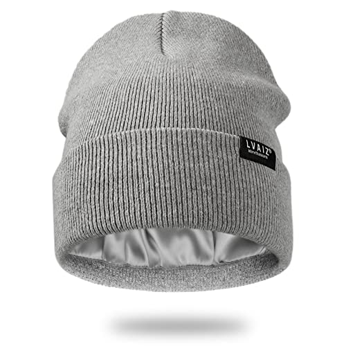 Satin Lined Winter Beanie Hats for Women Men Cotton Knitted Cuffed Knit Hat - color: Light Grey