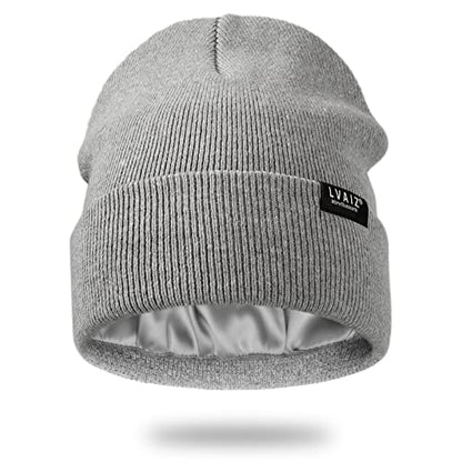 Satin Lined Winter Beanie Hats for Women Men Cotton Knitted Cuffed Knit Hat - color: Light Grey